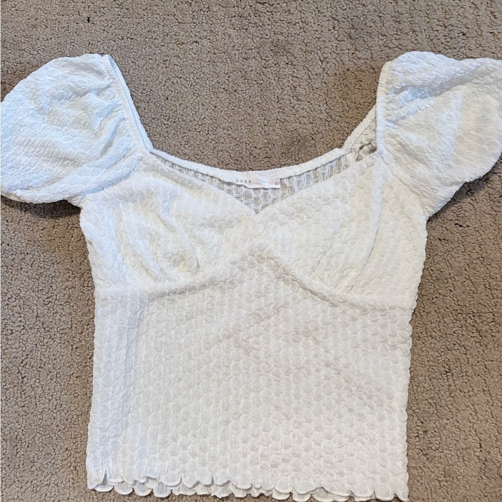 Lush White Textured Blouse with Puff Sleeves